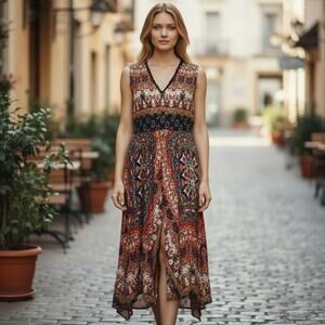 Women's Bila Handkerchief Hem Boho Paidley Psychadelic Midi Dress - Large